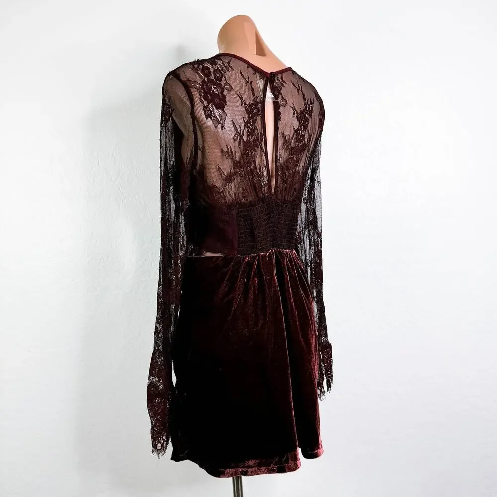 Free People Marlie Lace Velvet Fairy Whimsigoth Mini Dress Wine Grape Sz S NWT